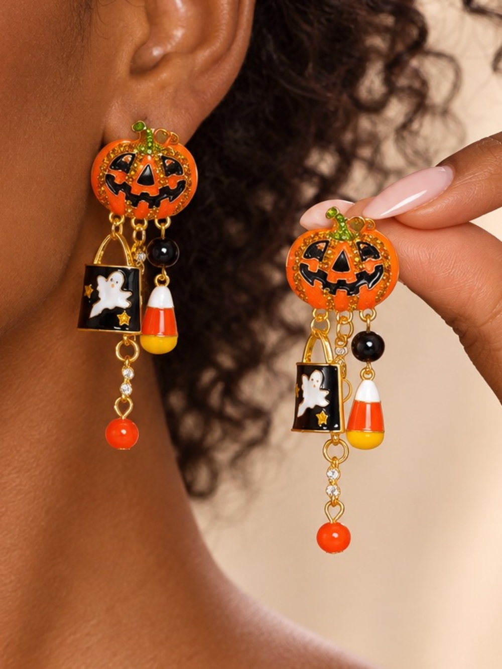 Cute Pumpkin Gold Halloween Dangle Earrings